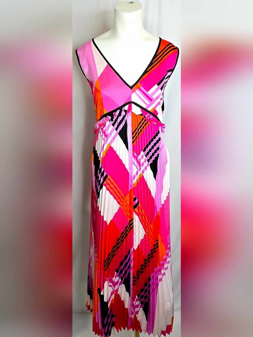KARL LAGERFELD Geometric Pleated Maxi Dress Pink Orange 14 NWOT